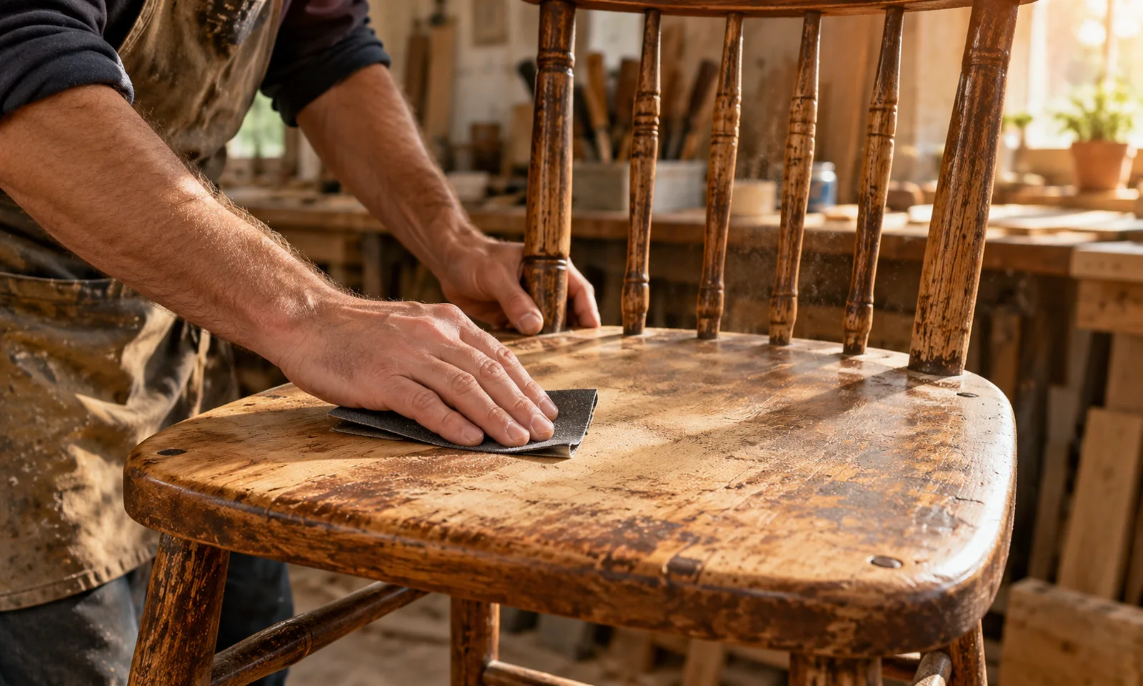 Ponçage du siège d’une chaise ancienne en bois