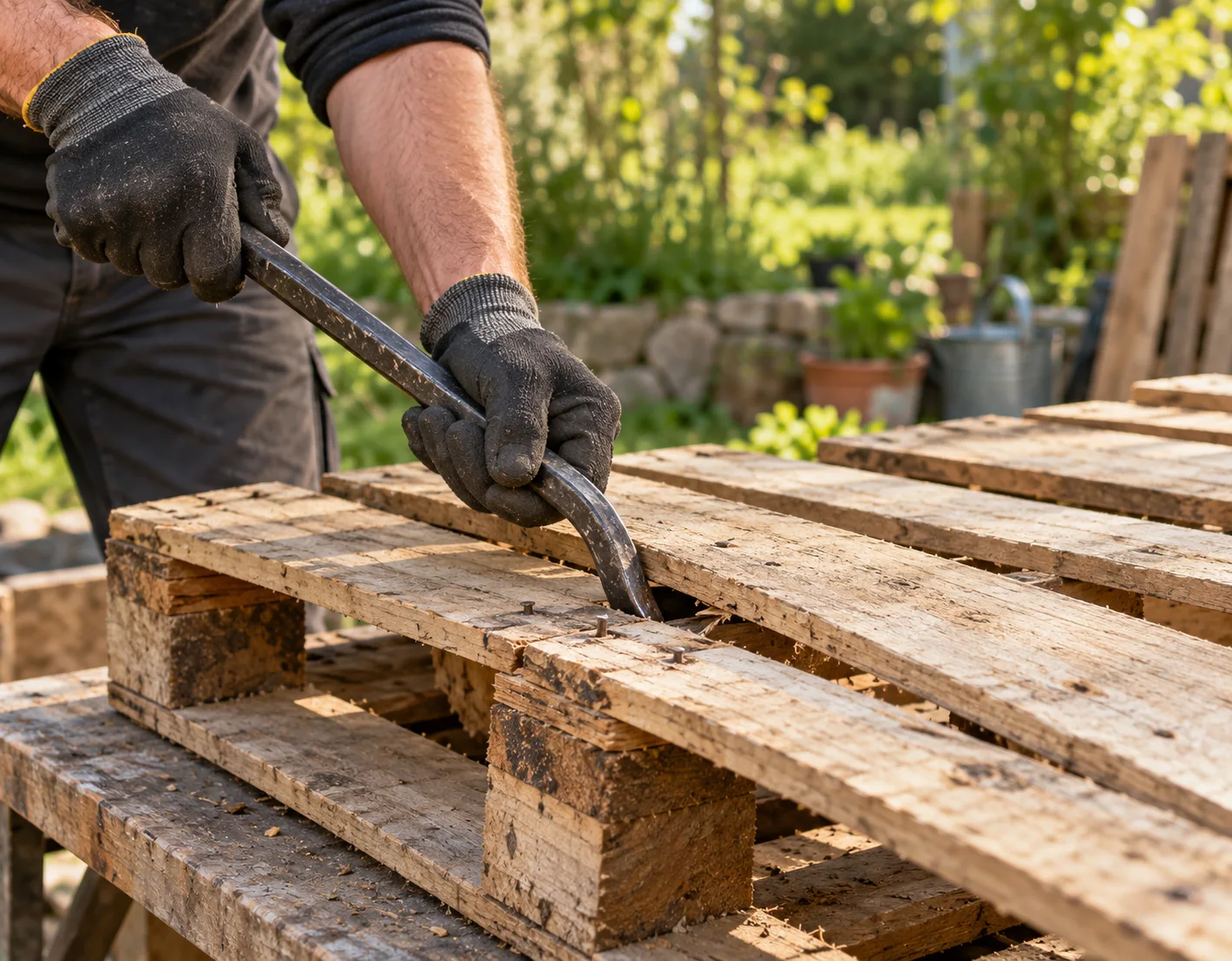 Démontage d’une palette en bois avec des gants