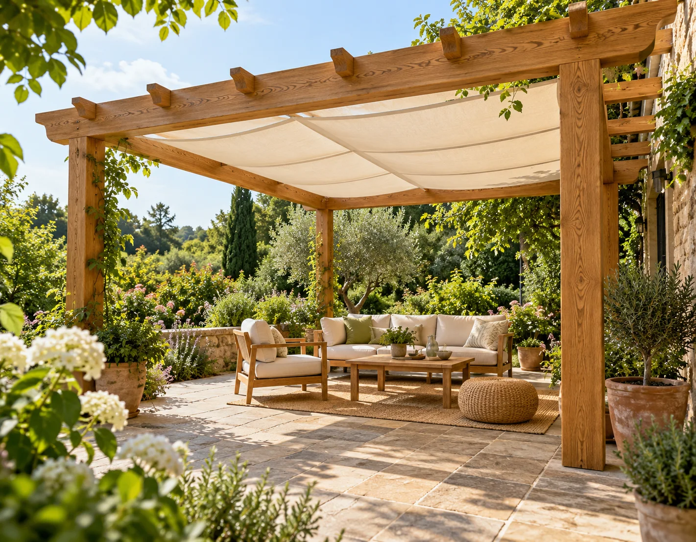 Pergola en bois sur une terrasse entourée de verdure